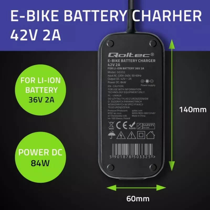 Nabíjačka na e-bike QOLTEC 50332 — výstup 36V/42V, 2A, konektor 5,5×2,1 mm