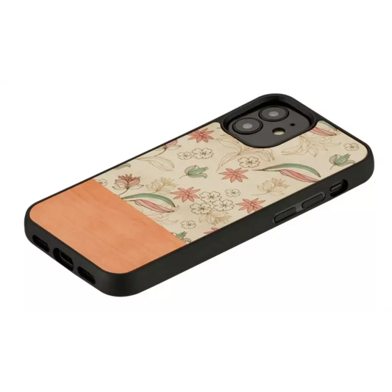 Ochranné puzdro Man and Wood pre iPhone 12 mini — ružový kvet na čiernej