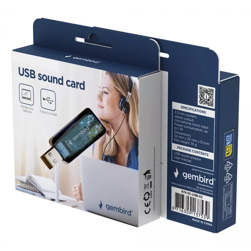 USB externá zvuková karta Gembird Virtus2 — USB rozhranie, 3,5 mm slúchadlá, modrá priehľadná