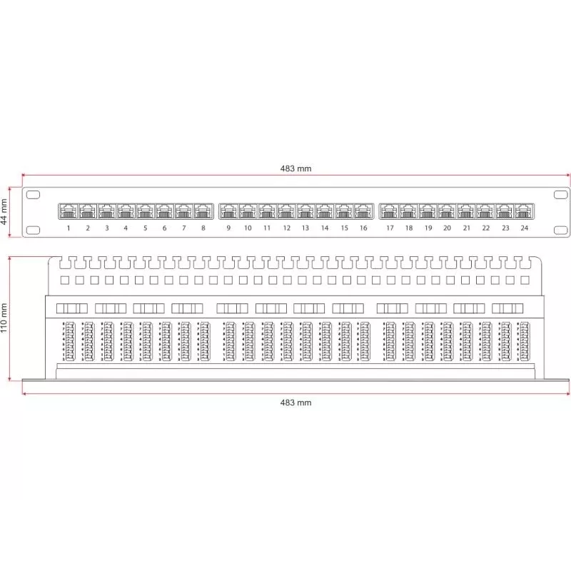 Alantec PK013 patch panel 19" 1U, 24x RJ-45, Cat5e UTP, LSA, s policou, čierny
