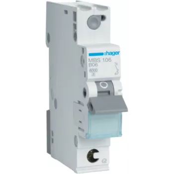 Hager MBS106. Menovitý prúd: 6 A, sieťová frekvencia: 50/60 Hz. Typ: B-Typ, počet modulov (max.): 1 modul. Šírka: 17,5 mm, hĺbka: 70 mm, výška: 83,4 mm (MBS106)