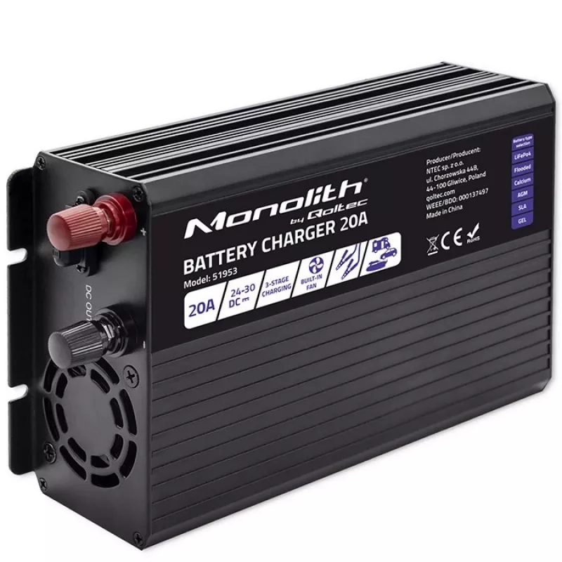 Qoltec Smart Monolith nabíjačka batérií pre LiFePO4 AGM GEL SLA akumulátory | 20A | 24V