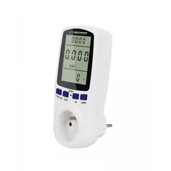Merač spotreby elektriny ESPERANZA ELA103 s LCD displejom — 16 A, 3680 W, 230 V, 50–60 Hz