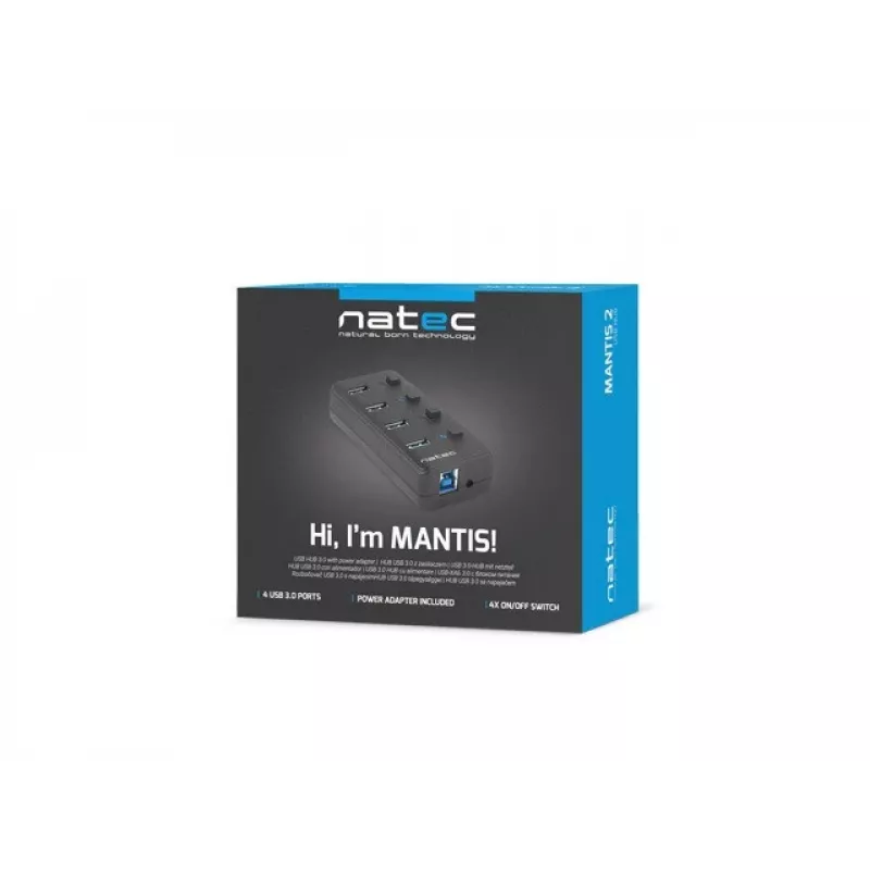 Natec Mantis 2 NHU-1557 4-portový rozbočovač USB 3.0, vstup USB Type-B, vypínače zapnúť/vypnúť, sieťový adaptér, čierny