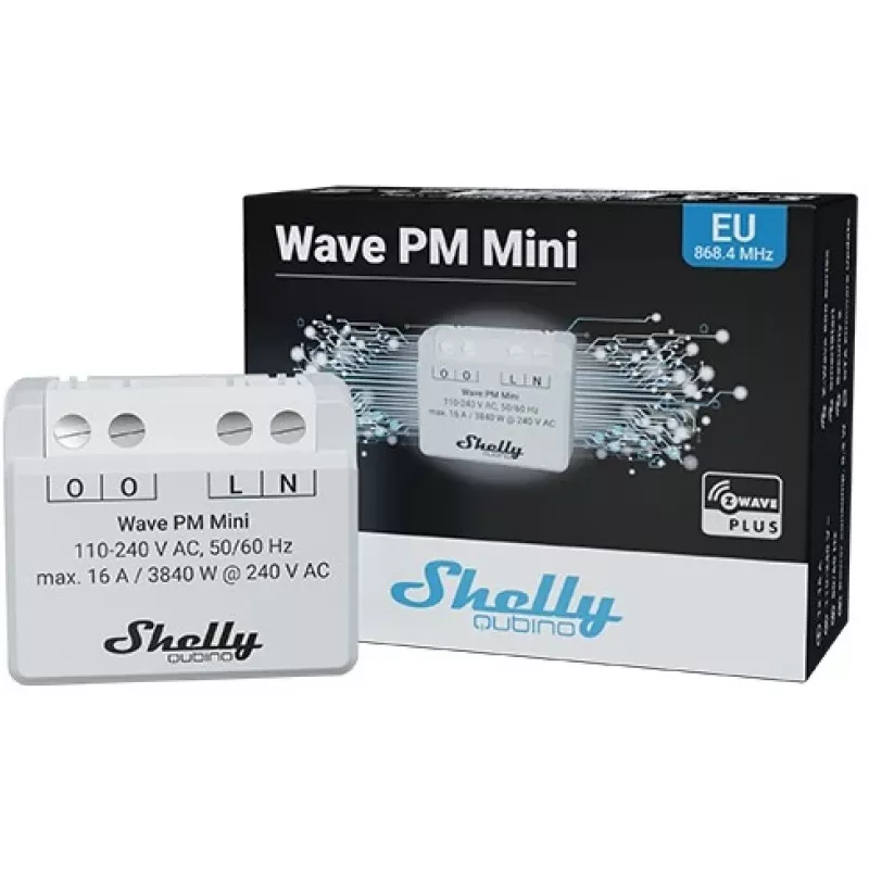 Inteligentný spínač Shelly Qubino Wave PM Mini, 1-kanálový, pod omietku, Z-Wave, bezdrôtový, 110–240 V AC / 24–30 V DC, sivý