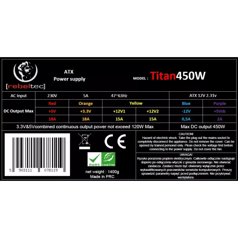 Napájací zdroj ATX ver2.31 TITAN 450W
