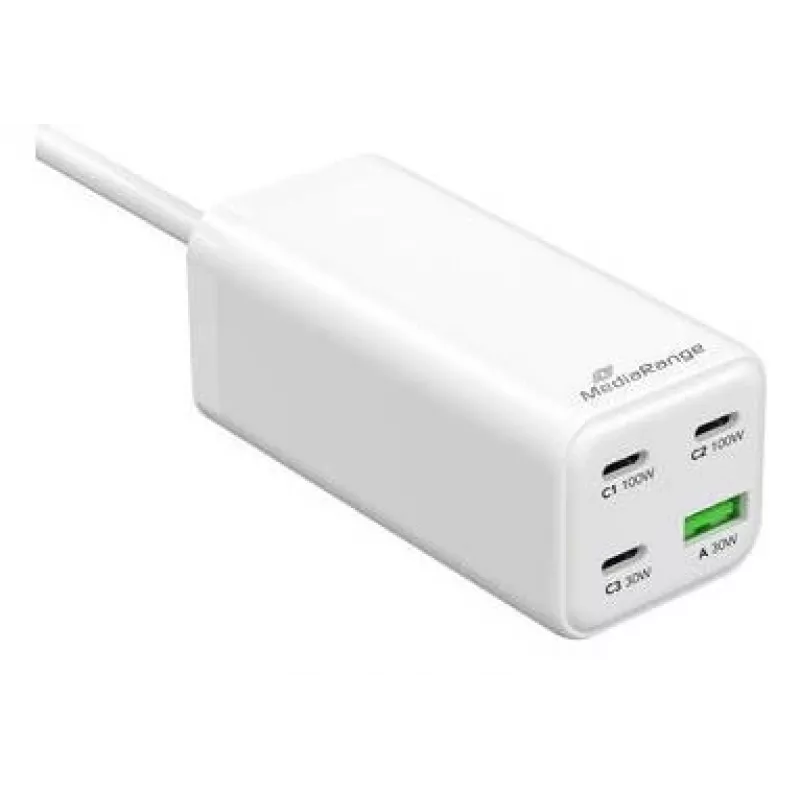 MediaRange MRMA124 mobilná nabíjačka 100W AC, 3x USB-C, 100–240V vstup, 1,5 m kábel, biela