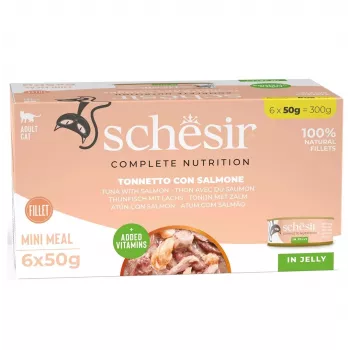 SCHESIR tuniak s lososom v želé - mokré krmivo pre mačky - 6x50 g