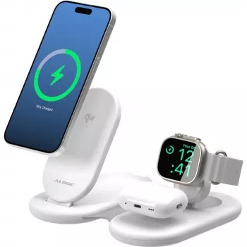 Bezdrôtový nabíjací stojan ALOGIC PACKAWAY 3IN1 QI2 biela 10W rýchle nabíjanie