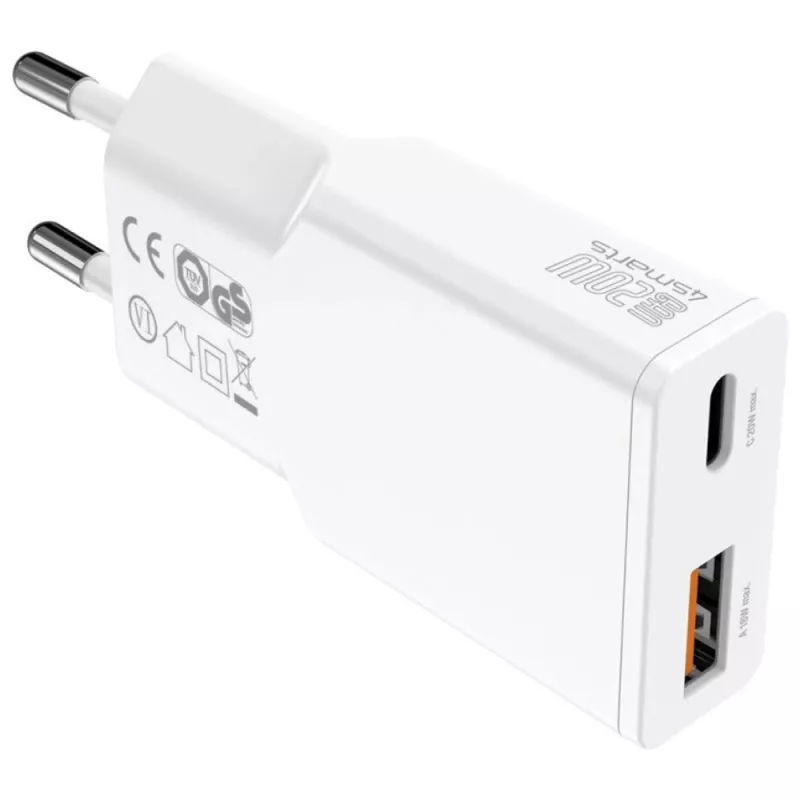 AC Indoor Mobile Device Charger 4smarts 541509 — 100–240V, USB-A + USB-C, 1.5 m kábel, rýchlonabíjanie, biela