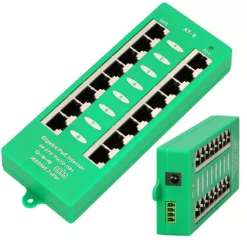 Extralink Gigabit PoE injektor 8-portový aktívny, 8 portov Gigabit 802.3at/af, Mode A
