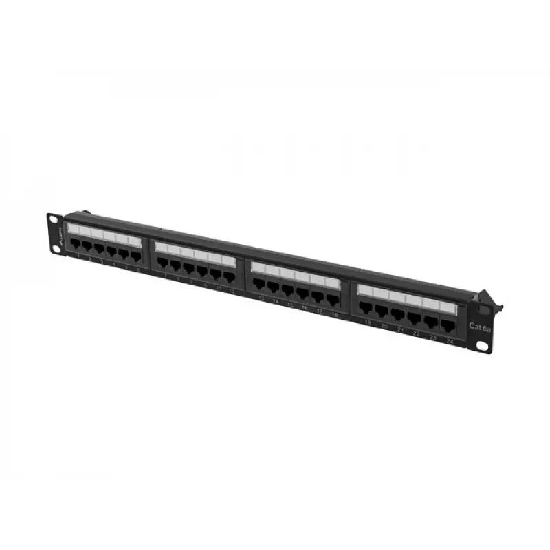Patch panel 1U LANBERG PPUA-1024-B, 24 portov, Cat6a, U/UTP, 1U rack, hĺbka 102 mm, kov, čierny