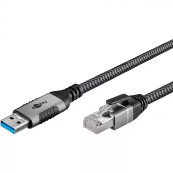 Ethernetový kábel USB-A 3.2 Gen1 konektor samec > RJ-45 konektor samec, LAN adaptér čierna/strieborná, 10 metrov, pletené textilné opláštenie