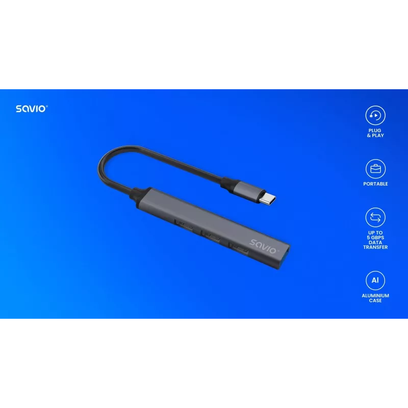 USB 3.0 4-portový hub SAVIO AK-71 s USB-C host, 5000 Mbit/s, 2 roky záruka