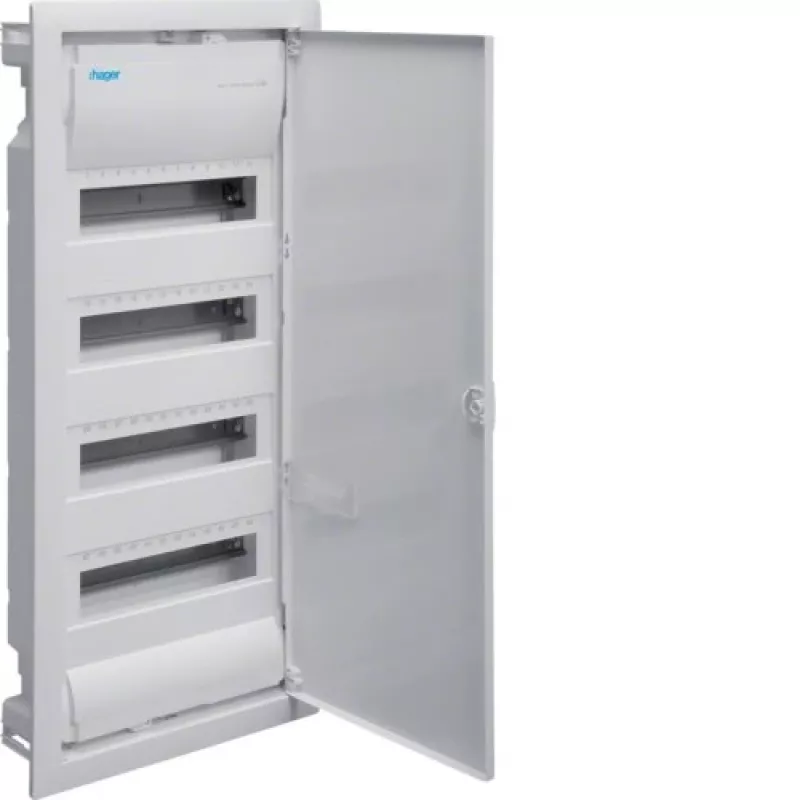 Hager Volta VU48NE zapustená rozvodnica, 4 rady, 48 modulov, IP30, kovové dvierka, 348×755,5×98 mm, biela