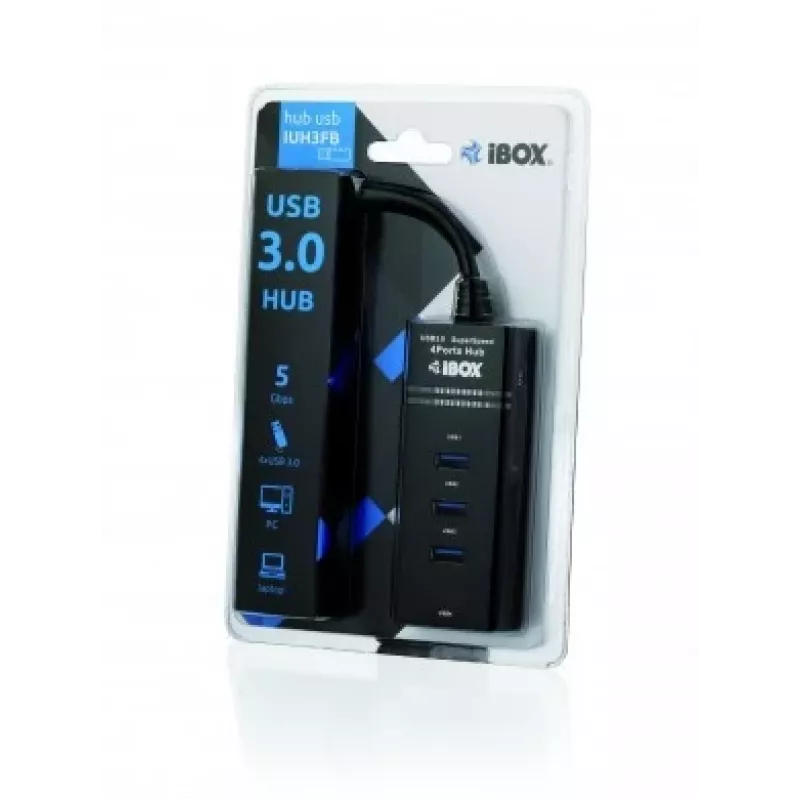 USB 3.2 Gen 1 Type-A 4-port hub IBOX IUH3FB, 5000 Mbit/s, čierny, 0,5 m kábel