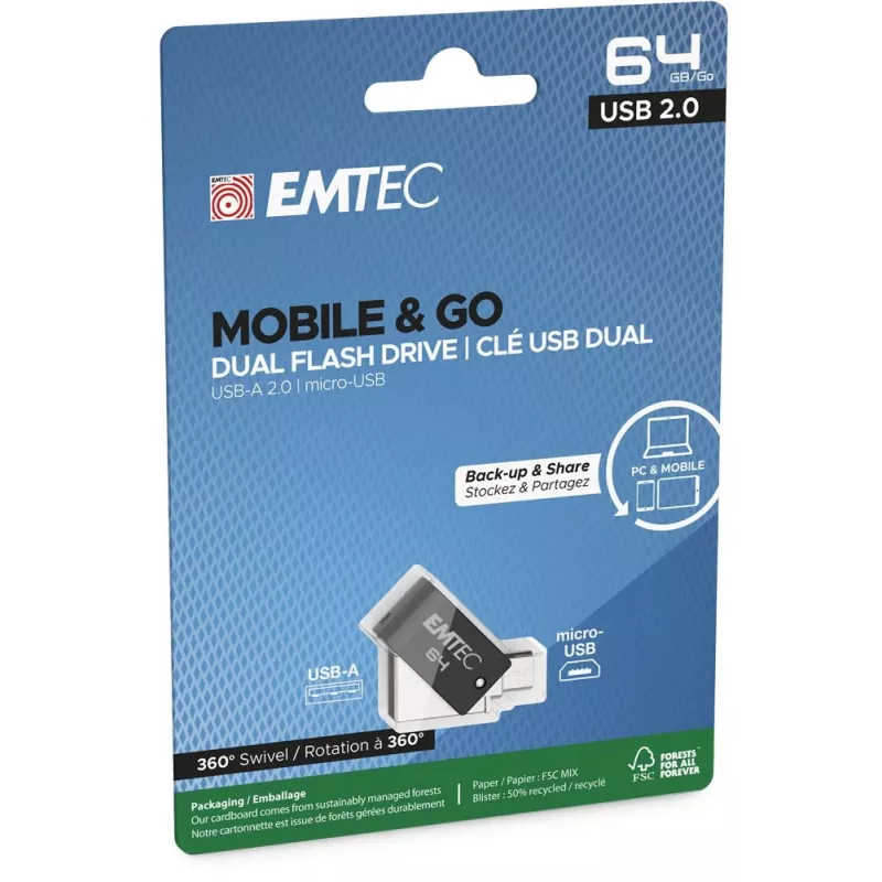 USB kľúč Emtec 64 GB USB Type-A Micro-USB T260B