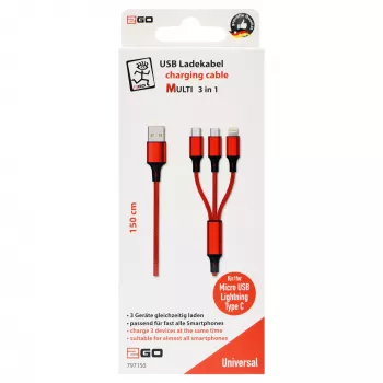 USB kábel 2GO 797150 1,5m USB B USB C/Micro-USB B/Lightning červený
