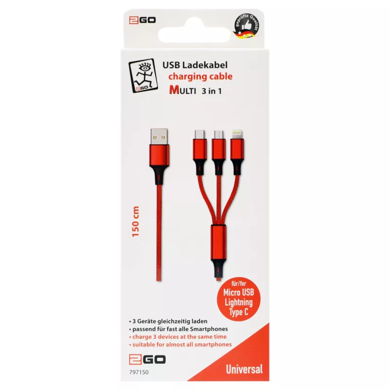 USB kábel 2GO 797150 1,5m USB B USB C/Micro-USB B/Lightning červený