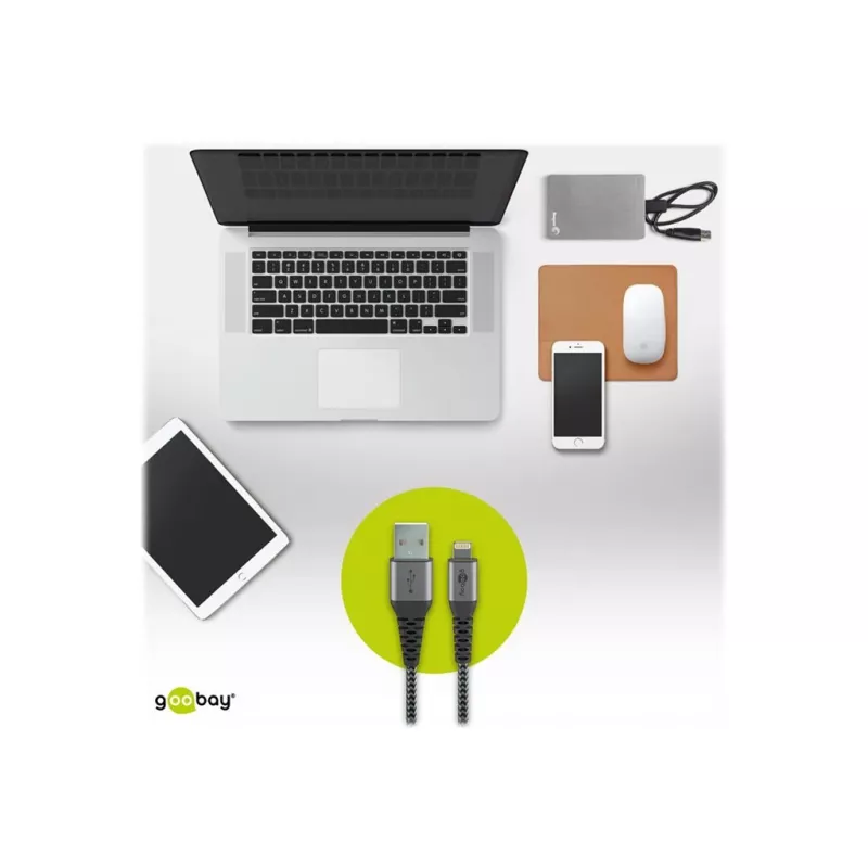 Goobay 49269 kábel USB-A – Lightning, 2 m, textilný oplet, kovové konektory, certifikácia MFi, USB 2.0, vesmírne sivá/strieborná