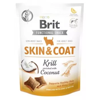 Pamlsky pre psov Brit Dog Skin & Coat Krill Coconut 150 g — diétne pevné pamlsky pre dospelých psov, príchuť krilu, bezlepkové