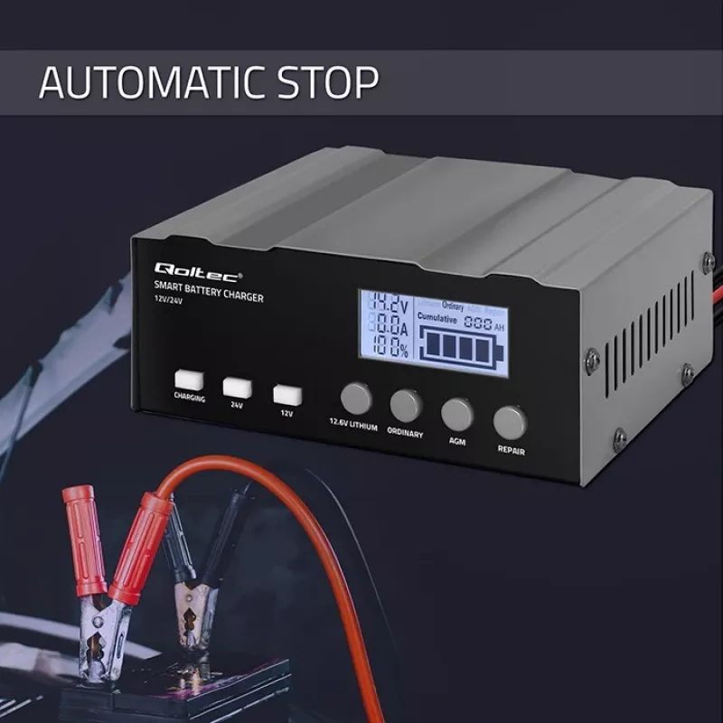 Nabíjačka batérií QOLTEC 52491 mikroprocesorová 12V/12,6V/24V s LCD