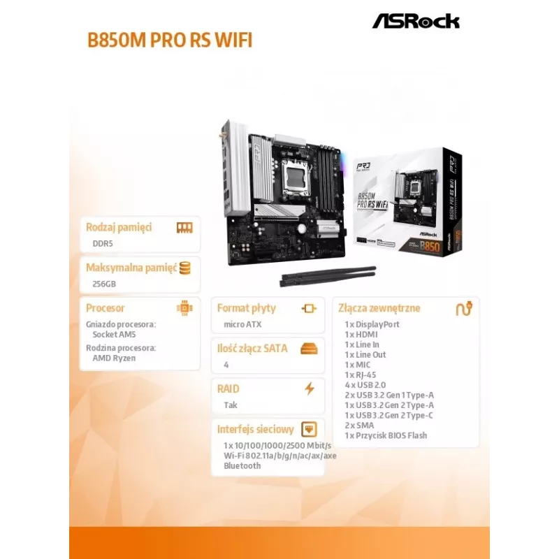 ASRock B850M Pro RS WiFi základná doska — AMD B850, socket AM5, microATX, DDR5, 4 DIMM, 256GB, Wi-Fi 6E, 2.5Gb LAN, 3x M.2