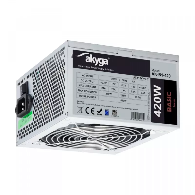 Akyga Basic AK-B1-420 ATX napájací zdroj 420 W, 120-mm ventilátor, pasívne PFC, sivý