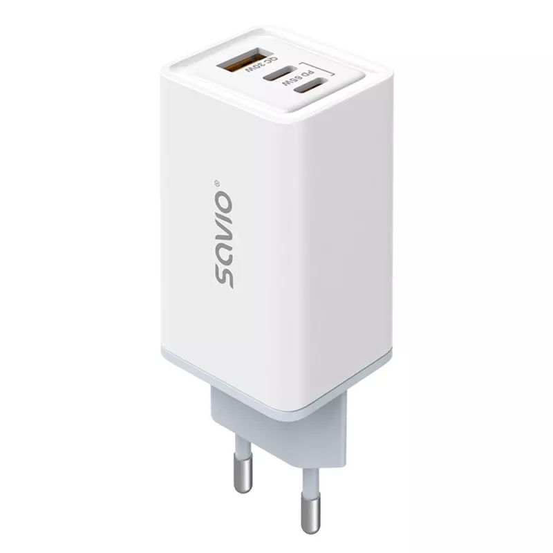 SAVIO LA-07 GaN 65W napájací zdroj, USB, QC4.0+, PD 3.0, biely