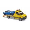 Bruder MB Sprinter autotransportér so svetelným a zvukovým modulom, oranžový/modrý, vrátane roadstera