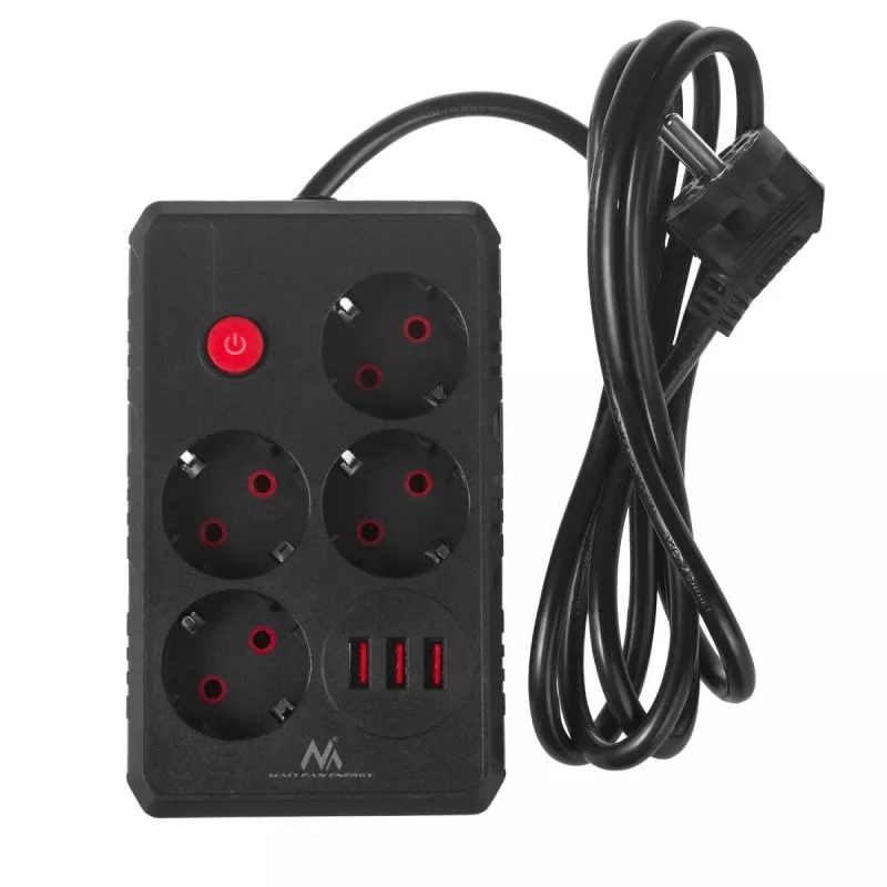 Predlžovacia zásuvka MACLEAN MCE392 B — 4 zásuvky, 3×USB, 110–240V, 2,1A, 2500W, 1,5 m kábel, čierna