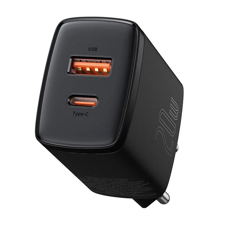Indoor USB rýchlonabíjačka Baseus CCXJ-B01 – 2 porty (USB-C PD 20W + USB-A QC3.0 18W), 100–240 V, čierna
