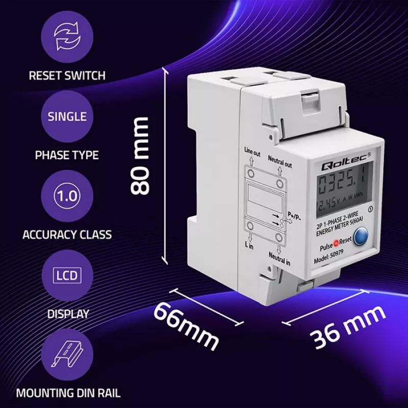Elektromer QOLTEC jednofázový na DIN lištu 230V (MPN 50979)