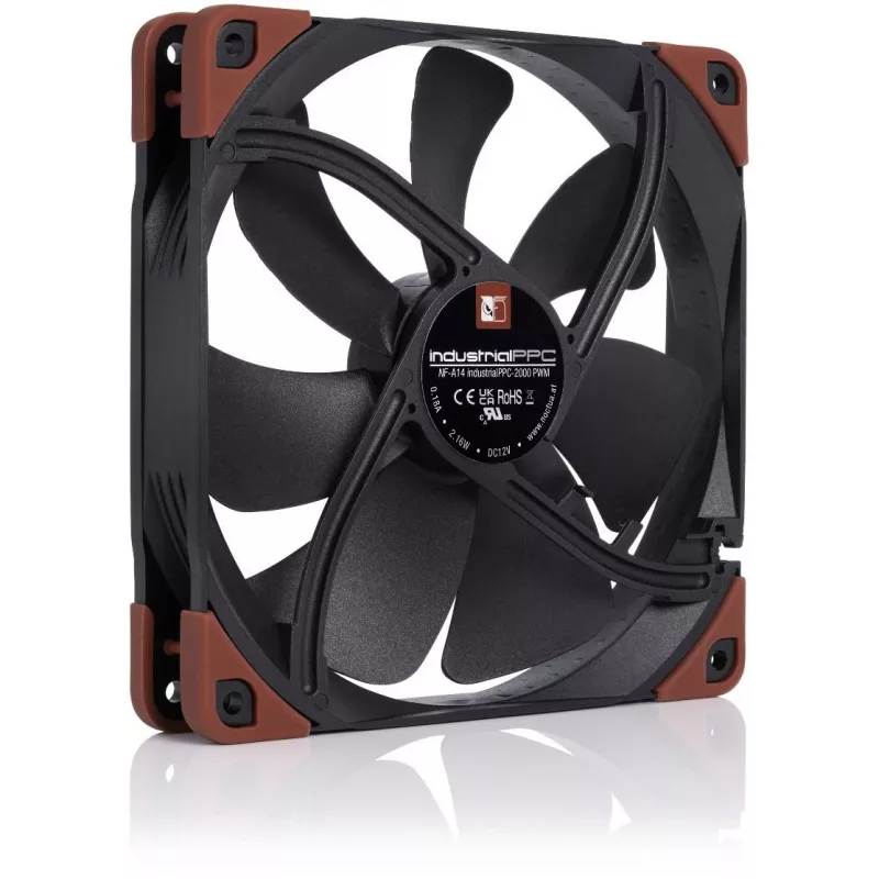 Noctua NF-A14 industrialPPC-2000 PWM ventilátor do skrine, 140x25 mm, 12 V, PWM, 500–2000 ot./min, 182,5 m³/h, 31,5 dB, ložisko SSO, čierna/hnedá