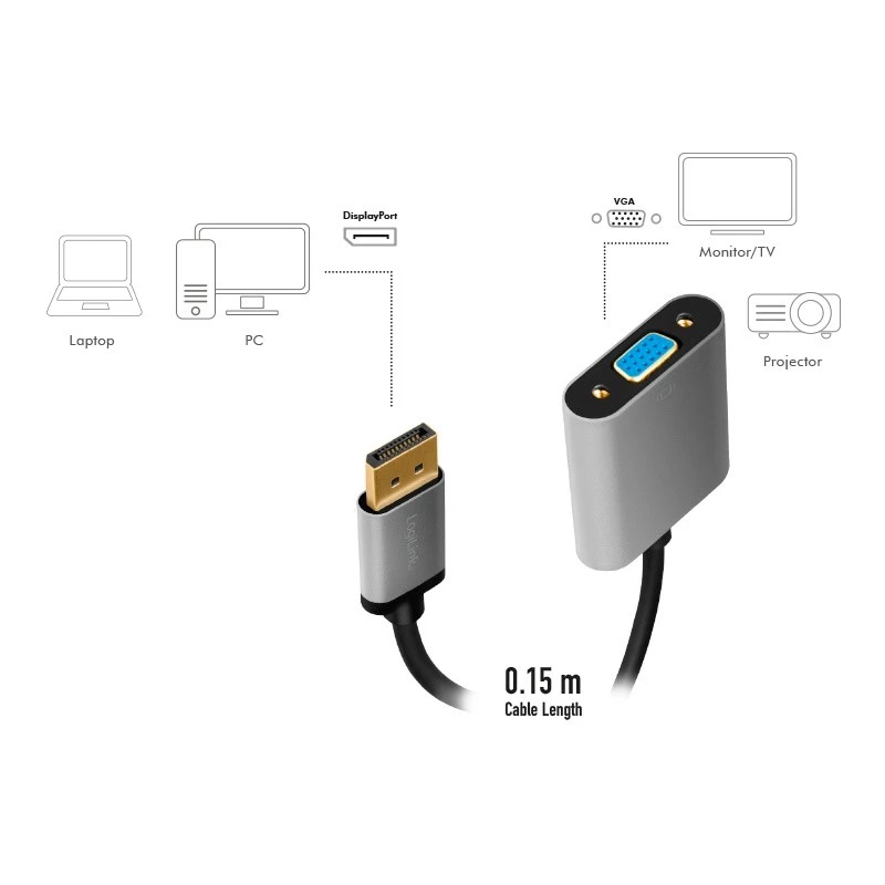 LogiLink CDA0109 káblový adaptér DisplayPort na VGA 0,15 m čierny sivý