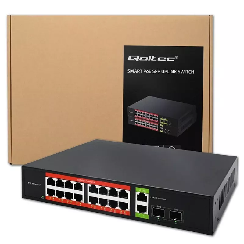 Sieťový switch QOLTEC 52292 — Gigabit Ethernet PoE, 16x RJ45, 2x RJ45 uplink, 2x SFP