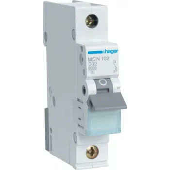 Hager MCN102. Menovitý prúd: 2 A. Typ: charakteristika C, počet modulov (max.): 1 modul. Šírka: 17,5 mm, hĺbka: 70 mm, výška: 83 mm (MCN102)