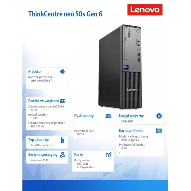 Desktop PC Lenovo ThinkCentre Neo 50s SFF 13DM002APB, Windows 11 Pro, Intel 7 265, 16 GB RAM, 512 GB SSD, integrovaná grafika, 3 roky záruka
