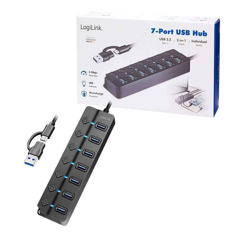 USB 3.2 Gen 1 hub, 7 portov s vypínačom, čierny