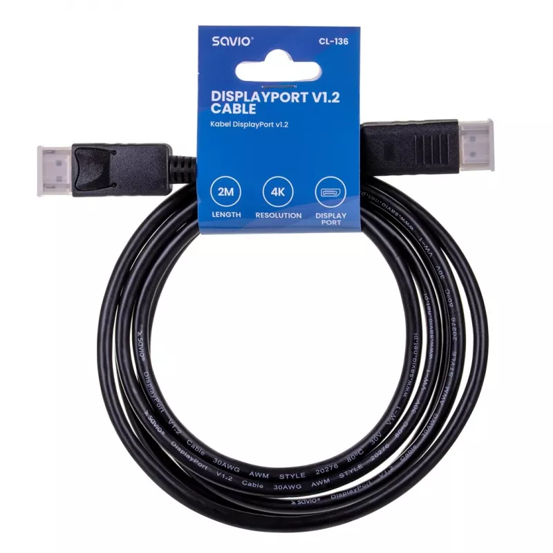 DisplayPort kábel SAVIO CL-136, DisplayPort samec–samec, 2 m, DP 1.2, pozlátené kontakty, čierny