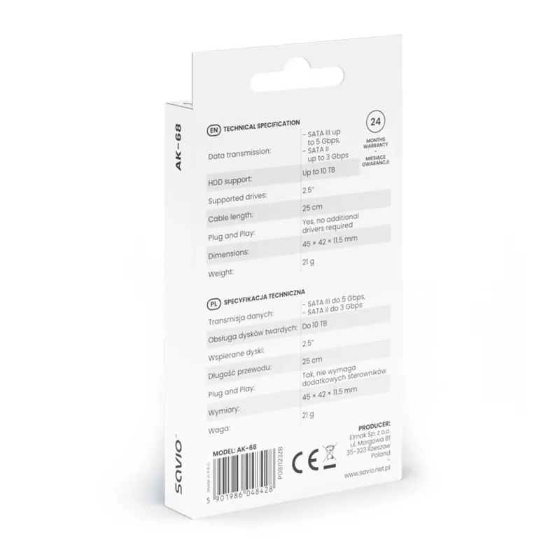 SAVIO SATA na USB 3.1 Gen 1 rozhranie kábel AK-68, SATA konektor samica na USB-A konektor samec, 5 Gbit/s, 0,25 m, čierna