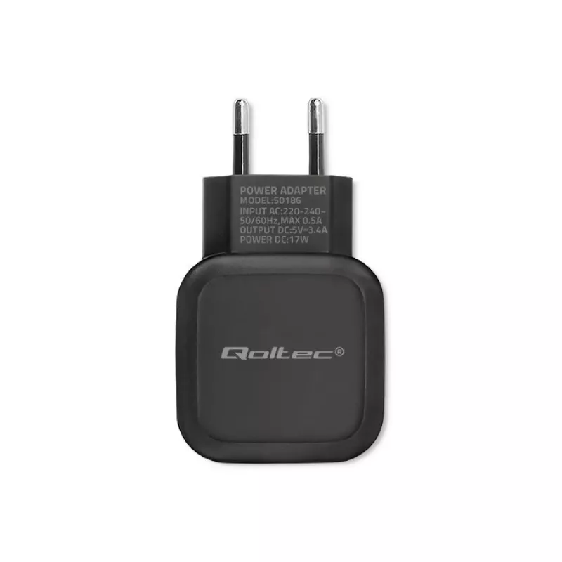 Sieťová nabíjačka QOLTEC 50186 pre smartfón a tablet, 5 V 3.4 A, 17 W, 2× USB, čierna