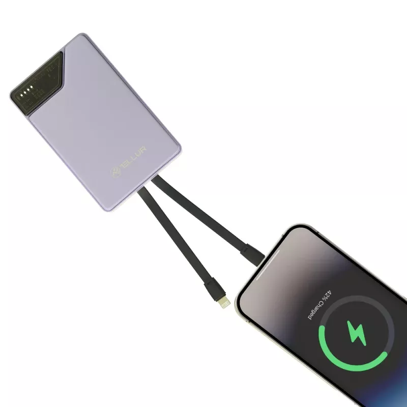 Prenosná powerbanka Tellur TLL158441, 10000 mAh, integrovaný USB-C a Lightning kábel, fialová