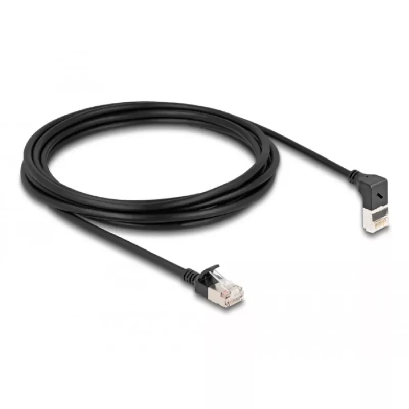 Sieťový kábel DeLOCK RJ45 Cat.6A S/FTP tenký 90° 3 m čierny