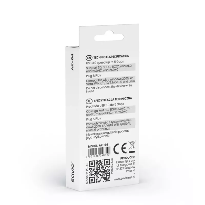 Čítačka kariet SAVIO AK-64 USB 3.2 Gen 1 výstup typu A, slot MicroSD, 5000 Mbit/s, čierna
