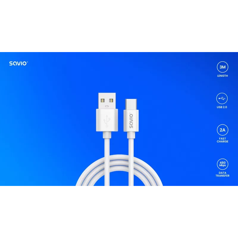 USB 2.0 kábel SAVIO CL-168, USB A (konektor samec) na USB C (konektor samec), 3 m, biely