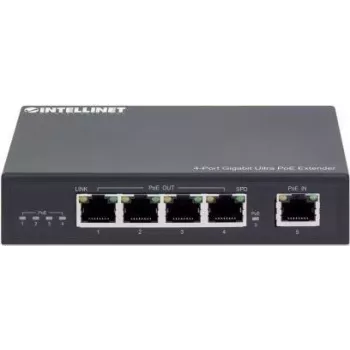 Intellinet 4-portový Gigabit Ultra PoE extender, zvyšuje dosah PoE až o 100 m, 90 W PoE rozpočet, štyri PSE porty s výstupným výkonom až 30 W, v súlade s IEEE 802.3bt/at/af, kovové puzdro