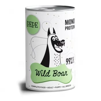 Mokré krmivo pre psov PAKA ZWIERZAKA Pepe diviak 400 g — dospelí, chuť diviak, bielkoviny 8,2 %, tuk 6,2 %, konzerva
