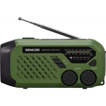 Prenosné UKV/SV rádio SENCOR SRD1000SCLGR s Bluetooth, solárne/kľukové/USB-C nabíjanie, 2000-mAh batéria, IPX4, LED svetlá