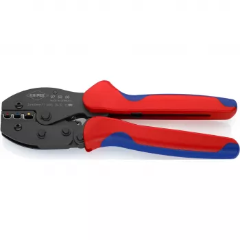 Krimpovacie kliešte Knipex PreciForce model 975236 SB — izolované rukoväte v čiernej, modrej a červenej